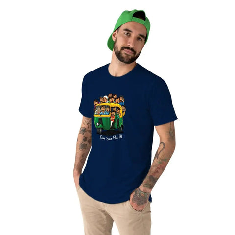 Premium Cotton Unisex T Shirt Featuring Dope Auto Rickshaw Graphic For Super Chill Everyday Vibes Ultra Soft Breathable Fabric In Classic Navy Blue One Size Fits All worn by a man with a green cap.