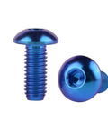 Close-up of Titanium M5 x 12mm Button Head Hex Bolts for Bike Water Bottle Cage, Grade 5 Titanium Alloy, Blue Finish, Ultra Lightweight.