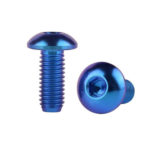 Close-up of Titanium M5 x 12mm Button Head Hex Bolts for Bike Water Bottle Cage, Grade 5 Titanium Alloy, Blue Finish, Ultra Lightweight.