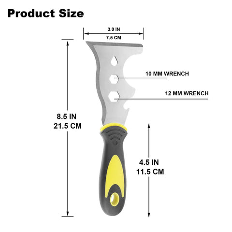 12 In 1 Paint Scraper Tool Multi Use Tough Scraper with dimensions and stainless steel blade, shown in full view
