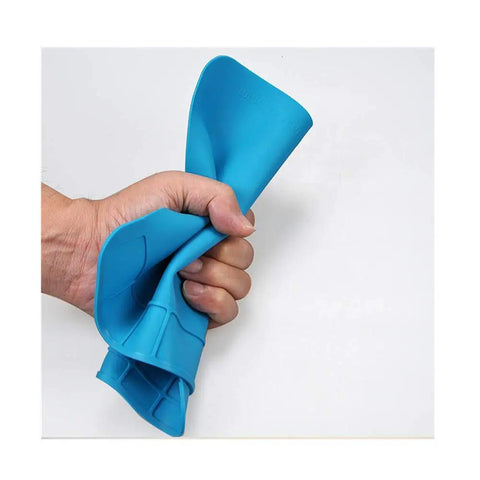 Hand holding a flexible blue mat, showcasing the durability of the Two Pack Silicone Soldering Mat For Electronics Repair Workstation.