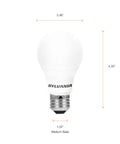 LED Light Bulb 60W Equivalent A19 Four Pack, 8.5W Efficient Daylight Frosted 800 Lumens Medium Base shown with dimensions