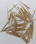 Brass Taper Pins Set Of 100 For Clock Repair And Small Projects, .012 X .050 X 1 Inch Tapered Pins In Gold Tone on white background