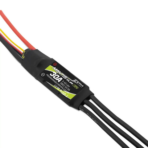 Mantis Slim G2 30A ESC for RC Airplane 2 to 4S with 6V 3A SBEC, showing wiring and label details for plug and play setup.