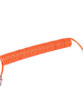 Pro Grade Polyurethane Coiled Air Hose With Twist Free Swivel End Fittings Grease Resistant Pneumatic Spiral Tube For Air Compressor Garage Shop Heavy Duty Tough As Nails Pro Tool Cord shown in orange.