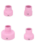 Grab A Fresh Set of 4 Premium TIG Welding Ceramic Nozzles And Torch Cups For High End WP9, 20, 25, 17, 18, And 26 Systems showing four pink ceramic nozzles labeled 12, 14, 16, 24.