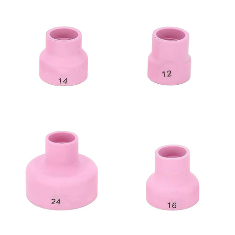 Grab A Fresh Set of 4 Premium TIG Welding Ceramic Nozzles And Torch Cups For High End WP9, 20, 25, 17, 18, And 26 Systems, four pink ceramic nozzles with numbered sizes.