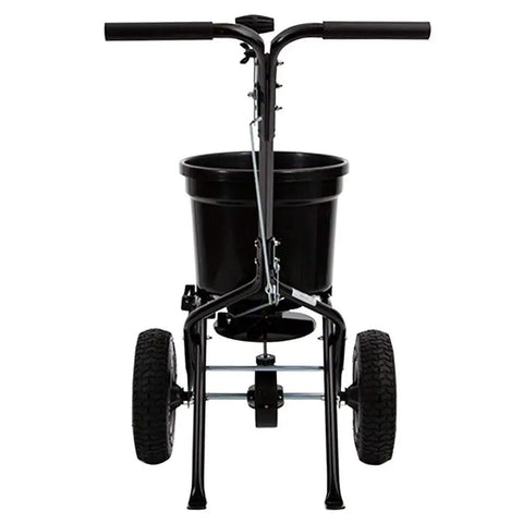 Front view of Heavy-Duty Push Spreader With Side Deflector Kit And Hopper Grate For Lawn Care, 50 lb Capacity, flat black finish.