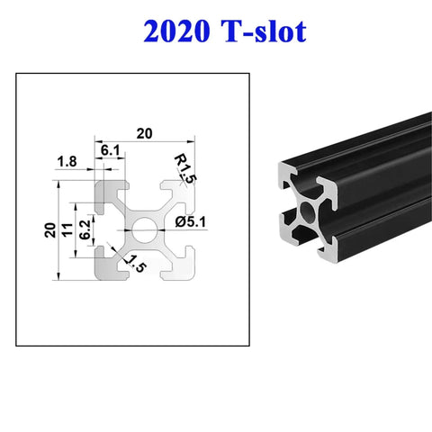 Cool 20X20mm T-Slot Aluminum Extrusion Profile 4pcs Anodized Linear Rail For Custom 3D Printer Build And DIY Maker Projects Easy Cut, technical drawing and section.