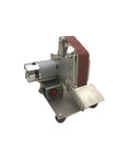 Compact Mini Electric Belt Sander And Multifunctional Desktop Grinder Workhorse For Diy Woodworkers Polishing Metal with gray motor and red sanding belt.