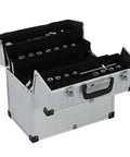 Sturdy Aluminum Tool Case With Six Extendable Trays Lockable Portable Organizer open displaying tools inside.