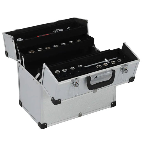 Sturdy Aluminum Tool Case With Six Extendable Trays Lockable Portable Organizer open displaying tools inside.
