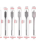Front view of six-piece Amazon spade drill bit set with quick-change hex shanks for wood, sizes 3/8-1 in, paddle bits.