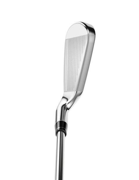 Rogue ST Max OS 6 Iron Set for Mid to High Handicappers with high launch, wide soles, extra offset, and everyday forgiveness, club face view.