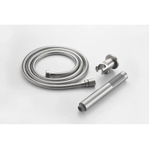 Shower System, 10" Rain Head, Handheld, Brushed Nickel, Wall-Mounted parts including hose and handheld sprayer.