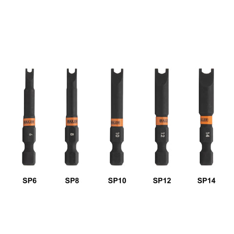 5 Piece Spanner Security Bit Set With Carabiner Holder Premium S2 Steel Drive Bits SP6 SP8 SP10 SP12 SP14 in black tray.