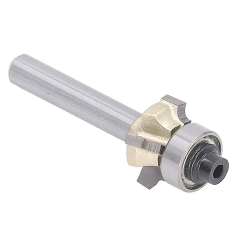 Heavy Duty Jiawu 1/4 Inch Shank Corner Round Router Bit 4 Flute Carbide with shiny metal and gold cutting edge.