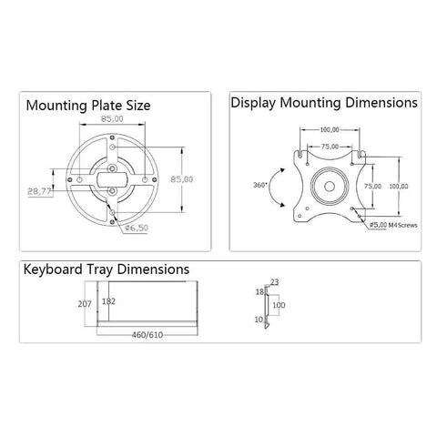 Technical dimensions diagram of Killer Dual Monitor Arm Desk Mount Featuring Smooth Gas Spring Height Control and Full Tilt Swivel.
