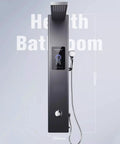 Heavy Duty Wall Mounted Shower System With Instant Electric Water Heater And No Sweat Constant Temp Control Featuring Dual Shoulder And Bidet Sprayers For A Smooth Next Level Bath Setup In Black, front view, sleek design, control panel, stainless steel.