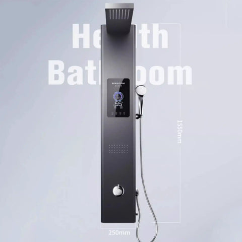 Heavy Duty Wall Mounted Shower System With Instant Electric Water Heater And No Sweat Constant Temp Control Featuring Dual Shoulder And Bidet Sprayers For A Smooth Next Level Bath Setup In Black, front view, sleek design, control panel, stainless steel.