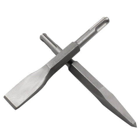 Three Quarter Inch Wide Flat And Point Chisel Set With SDS Plus Shank For Concrete Masonry Stone, 5.9 Inch Long, Heavy Duty Pro Grade Chisels