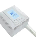All In One Network Temperature And Humidity Monitor With PoE Power Supply for Smart Buildings, angled front view showing display screen.
