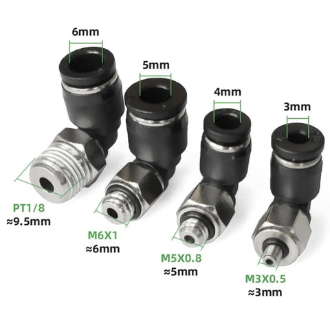 Compact L Shaped Pneumatic Elbow Fitting For Micro Systems With M3 To M6 Threads And 3 To 6 Mm Tubing 90 Degree Right Angle Connector