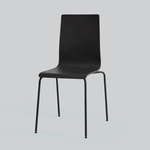 Modern black dining chair with sleek metal legs on a light gray background