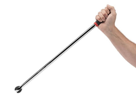 Hand holding the One Half Inch Drive Twenty Four Inch Breaker Bar With Comfort Grip, 230 Degree Pivoting Head, built from 4140 steel