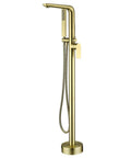 Freestanding Brushed Gold Tub Filler Faucet With Hand Shower And Swivel Spout Floor Mounted Brass Tub Faucet Solid Brass Construction