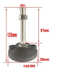 Heavy Duty Adjustable Table Legs With Smooth Leveling Screws For Rock Solid Workbench Setup No More Wobbles On Tables Cabinets Machines Eight Piece Steel Pack M24 with measurements and details