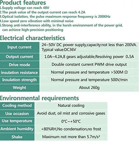 Product features and specifications sheet for Dope 2-Phase Stepper Driver For CNC Machines - Digital Microstep Controller For Nema 17, 23, And 34 Motors, 20 To 50V DC, 4.2A Max, Replaces M542 M542H, Plug And Play High Subdivision Performance For DIY CNC Routers And Mills.