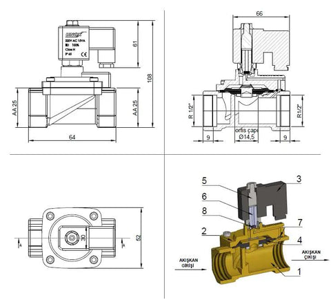 Dimensions and internal structure of Half Inch NPT Solenoid Valve 110V AC Brass Normally Closed Control Valve for water, air, and gas