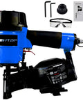 Heavy-Duty 15 Degree Roofing Nailer With Coil Magazine, Shoots Nails From 3/4 To 1-3/4 Inches, showing blue body and components.