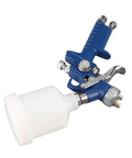 Keenso Pneumatic Paint Spray with Transparent Pot featuring a blue spray gun with white paint cup attached for precise atomization.
