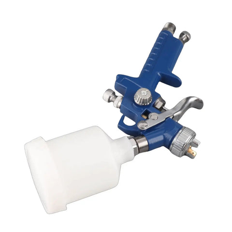 Keenso Pneumatic Paint Spray with Transparent Pot featuring a blue spray gun with white paint cup attached for precise atomization.