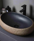 UYTROPLK Bathroom Vessel Sink Ceramic Outdoor Indoor Bathroom Vintage Pedestal Basin with Accessories Patio Wash Basin Rectangle Bathroom Sink in textured beige with black interior