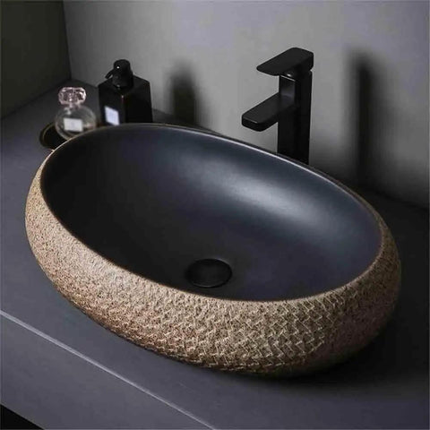 UYTROPLK Bathroom Vessel Sink Ceramic Outdoor Indoor Bathroom Vintage Pedestal Basin with Accessories Patio Wash Basin Rectangle Bathroom Sink in textured beige with black interior