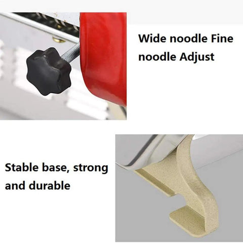 Close-up of Top Shelf Stainless Steel Pasta Roller And Cutter Attachment Set showing adjustable knob and stable base for easy use.