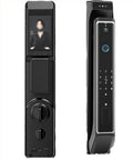 Heavy Duty Smart Door Lock With Fingerprint Scanner And Video Intercom Visual Monitor front and side view showing display and keypad.