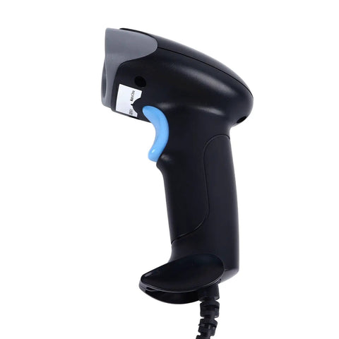 Side view of a black 2D Barcode Scanner With Lightning Fast Accurate Scanning Wired USB Handheld Reader For Laptops PCs