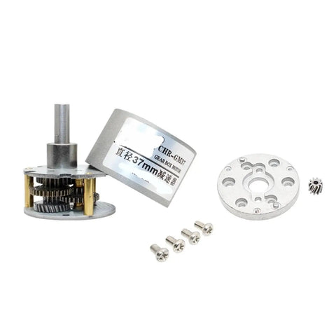 Top Notch 37mm Eccentric Shaft All Metal Gearbox For DC Motors with 2 and 3mm shaft options, includes motor and components.