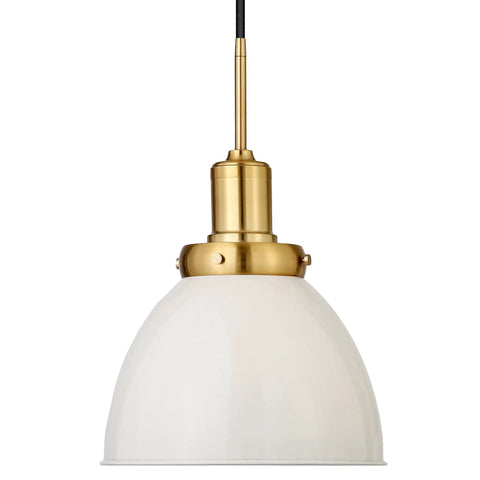 12 Inch Wide Pendant Light With Metal Shade In Pearled White And Brass Finish, Adjustable 8 Ft Cord, Hardwired Dome Fixture, E26 Bulb Compatible