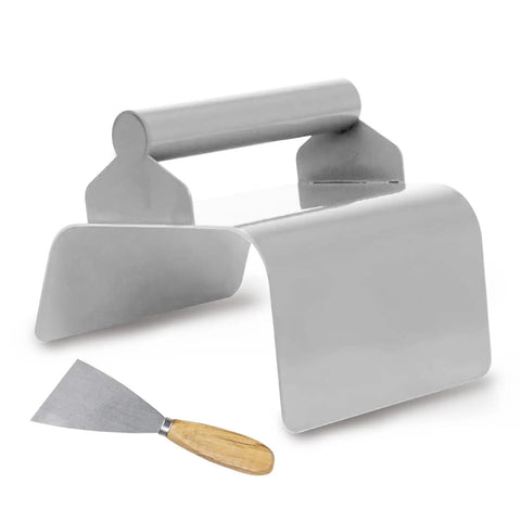 Concrete Curb Trowel Edger With Wave Putty Knife, Ergonomic 4x6x4 Inch Handle, Rust Resistant Stainless Steel Landscape Curb Tool For Edging And Tamping, Durable Edge Shaping For Driveways And Walkways shown with putty knife.