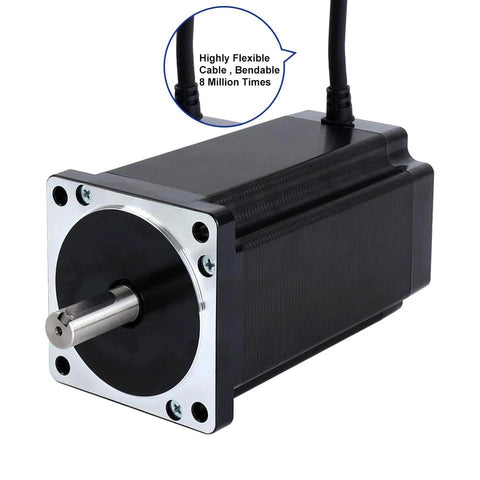 NEMA 34 stepper motor with silver mounting flange and black housing, front shaft