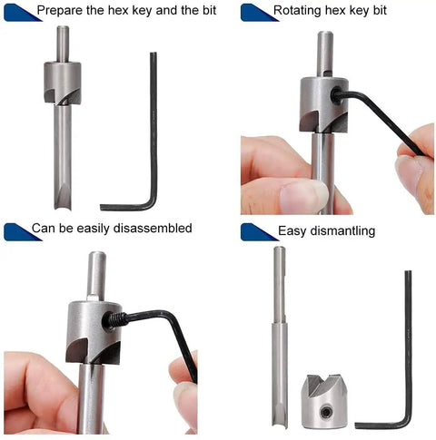 7 Piece Pen Mill Trimmer Set featuring heavy duty steel cutter and multi size pilot shafts, showing assembly and disassembly steps.