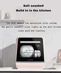 Fully Automatic Countertop Dishwasher With 5L Built In Water Tank And Inlet Hose Featuring Five Programs Rapid 40 Minute Steam Baby Care Sanitizer Auto Air Dry LED panel in seashell color.