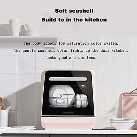 Fully Automatic Countertop Dishwasher With 5L Built In Water Tank And Inlet Hose Featuring Five Programs Rapid 40 Minute Steam Baby Care Sanitizer Auto Air Dry LED panel in seashell color.