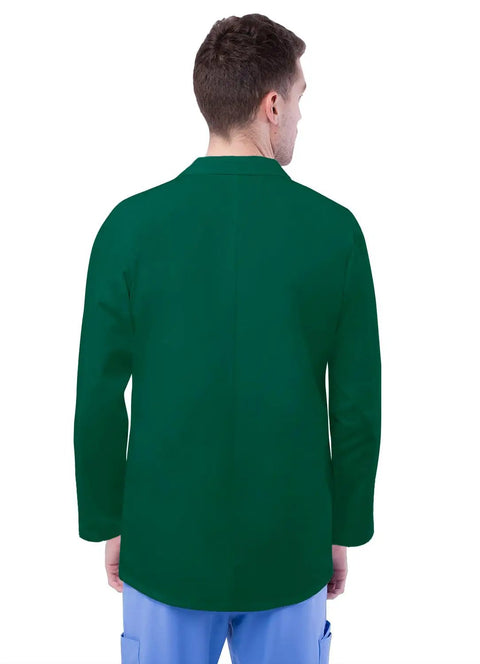 Back view of Pro Approved Unisex Lab Coat For Healthcare Crew featuring classic hunter green fabric and a 31 inch back hem.