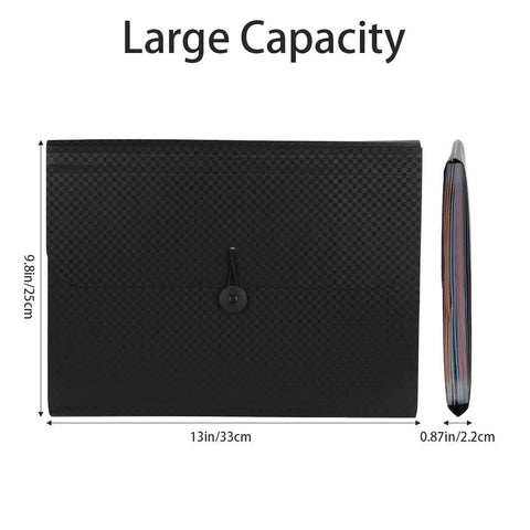 Black Expanding File Folder 13 Pocket Accordion Organizer For A4 And Letter Size, Elastic Buckle Closure, Dimensions Shown